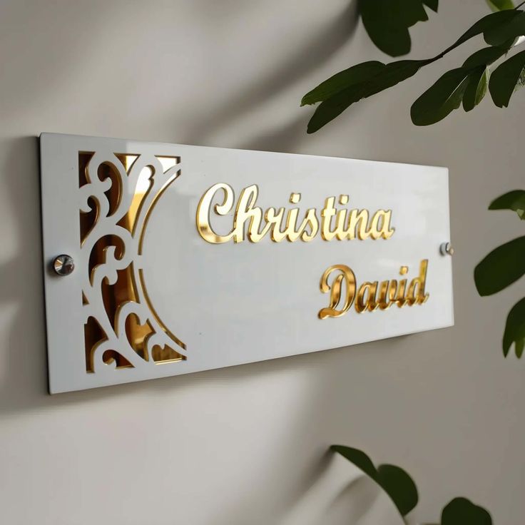 White Acrylic Name Plate with 3D Golden Letters - 6x15 Inch