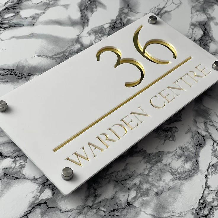 White Acrylic Address Plate with Golden Numbers - 3D Door Street Sign