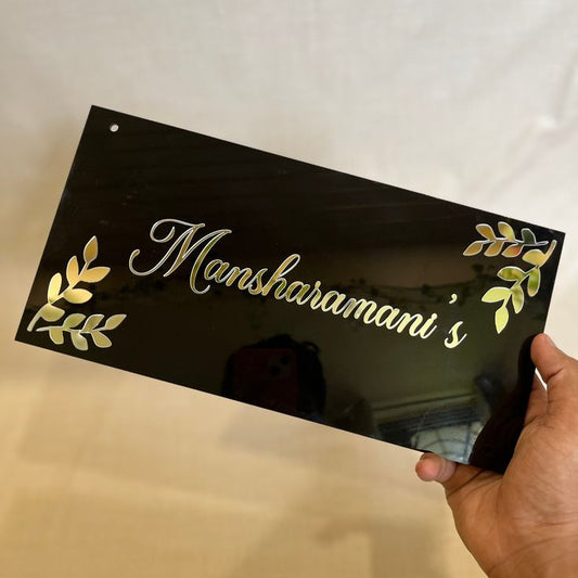 Premium Black Acrylic Name Plate with Gold Leaf Design