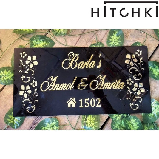 Black Acrylic Name Plate with Golden Floral Corner Designs - Custom Address Sign