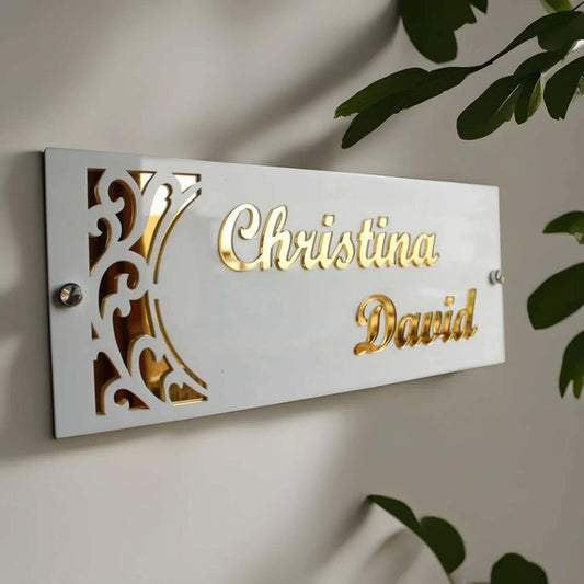 White Acrylic Name Plate with 3D Golden Letters - 6x15 Inch