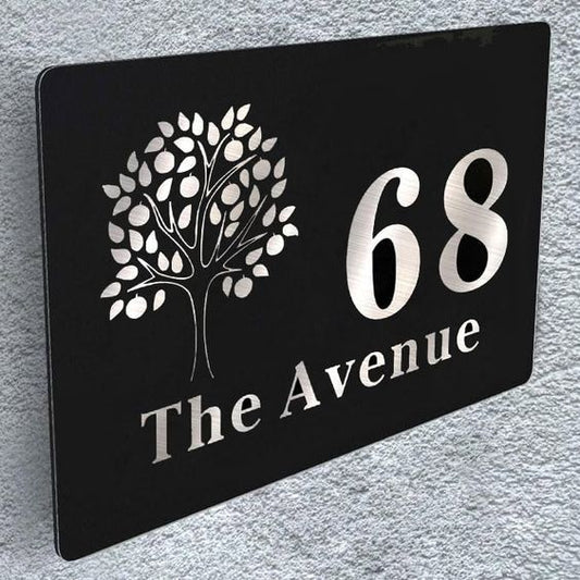 Black Acrylic Address Plate with Tree Design - Custom House Number Sign