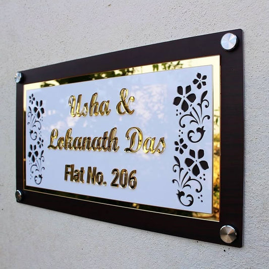 Dual-Layer Acrylic Name Plate with Golden Floral Border - Premium Apartment Sign