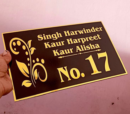 Brown Acrylic Name Plate with Golden Floral Design - Multi-Family House Sign