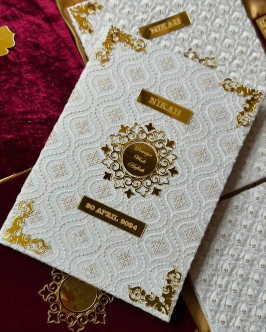 Premium Islamic Wedding Invitations - Embossed White & Gold Nikah Cards