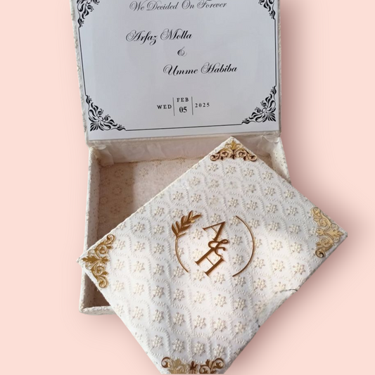 Luxury Islamic Wedding Invitation Box - White & Gold Embossed
