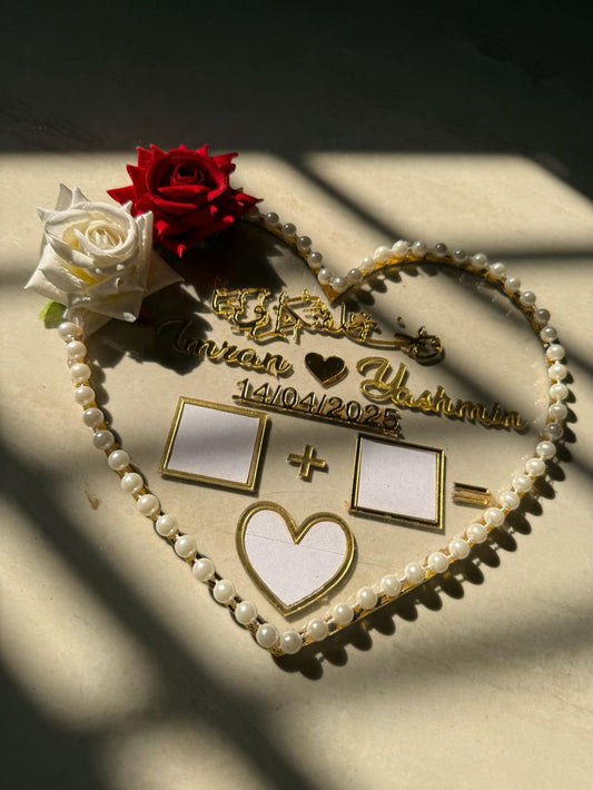 Personalized Wedding Heart Keepsake with Pearl Border - Custom Names & Photos