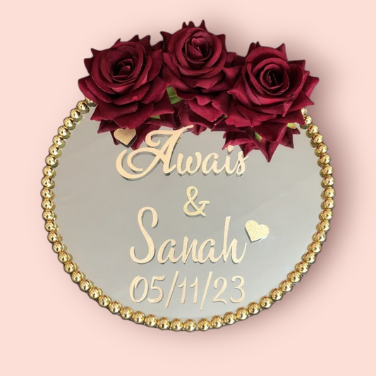 Personalized Wedding Mirror with Burgundy Roses - Custom Names & Date Keepsake