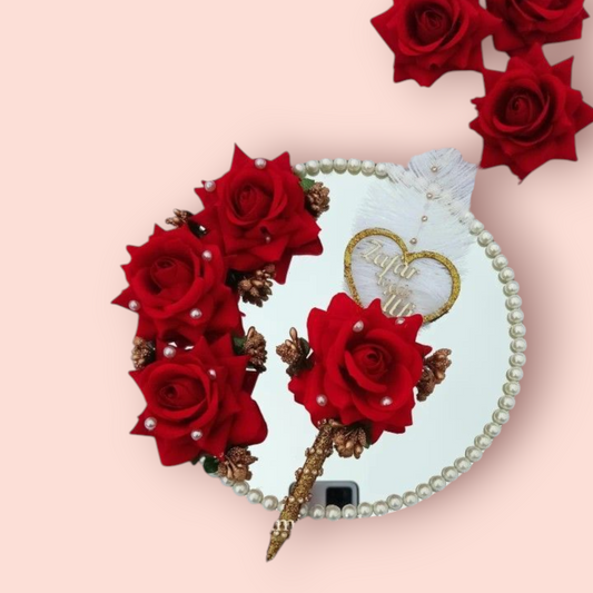 Bridal Hand Fan with Red Roses and Pearls