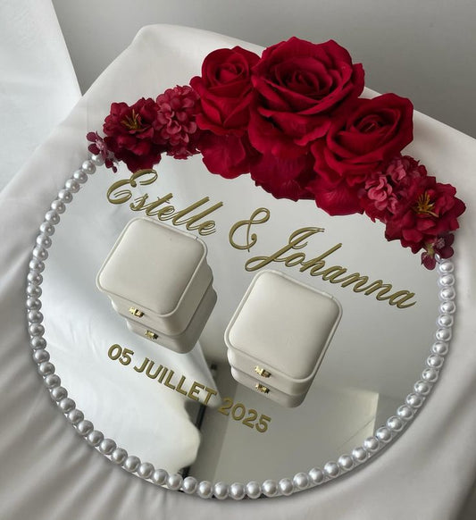 Personalized Wedding Ring Box Set - Custom Engraved with Pearl Border|glamora